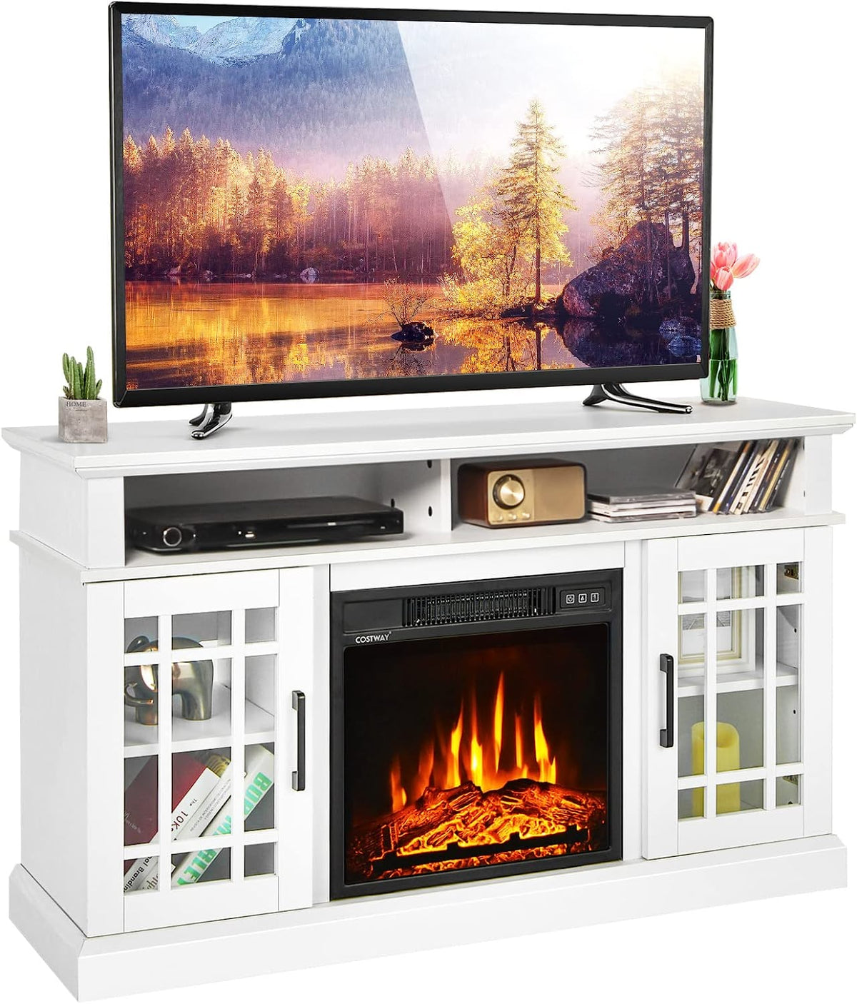 48 Inch Wooden TV Stand Console Table with 1400W Electric Fireplace and Open Storage