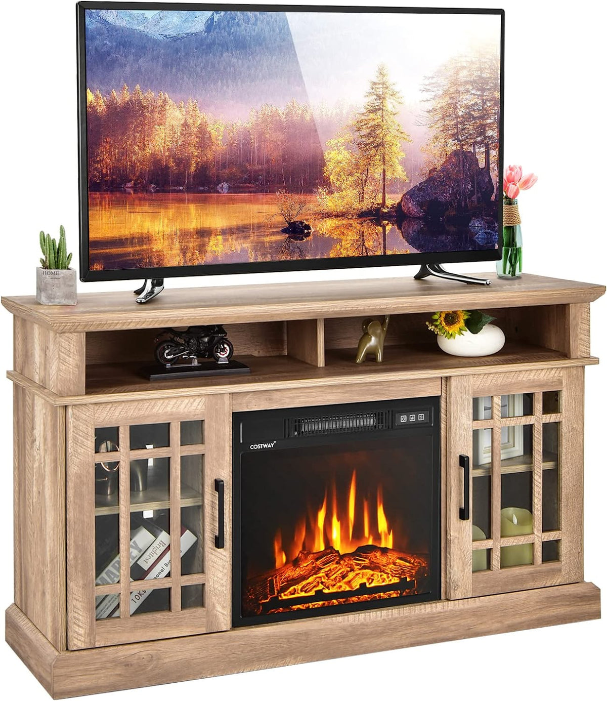 48 Inch Wooden TV Stand Console Table with 1400W Electric Fireplace and Open Storage