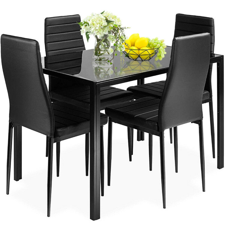5-Piece Dining Table and Chair Set Kitchen Dining Room Table Set with Glass Tabletop and Metal Frame Chairs