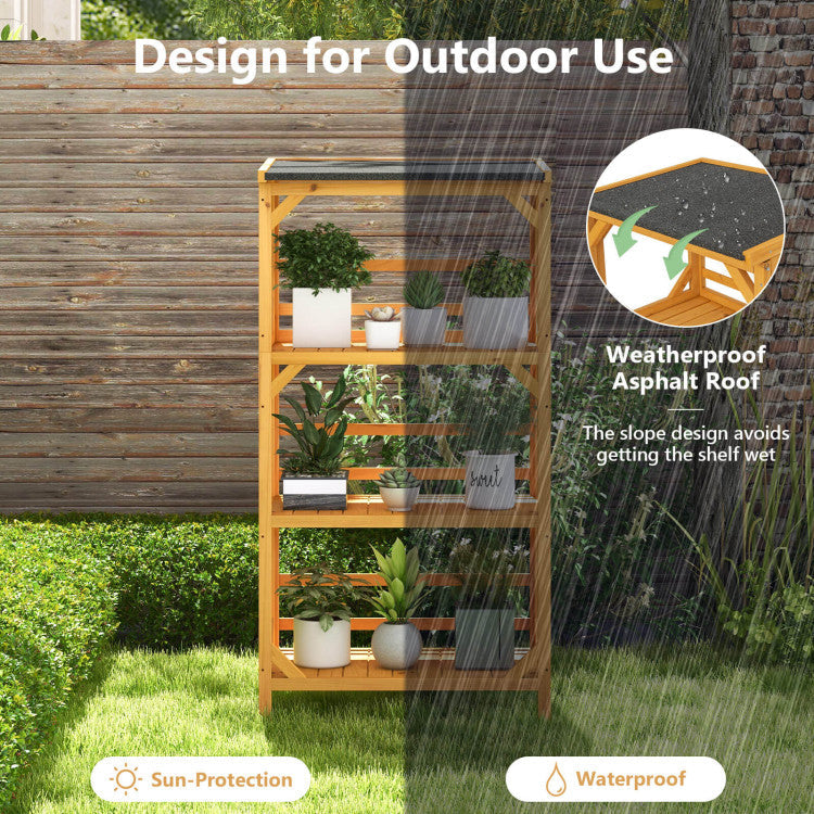 54'' Outdoor Storage Shelves 3-Tier Wooden Plant Stand Rack Garden Shed Utility Tool Organizer with Weatherproof Asphalt Roof