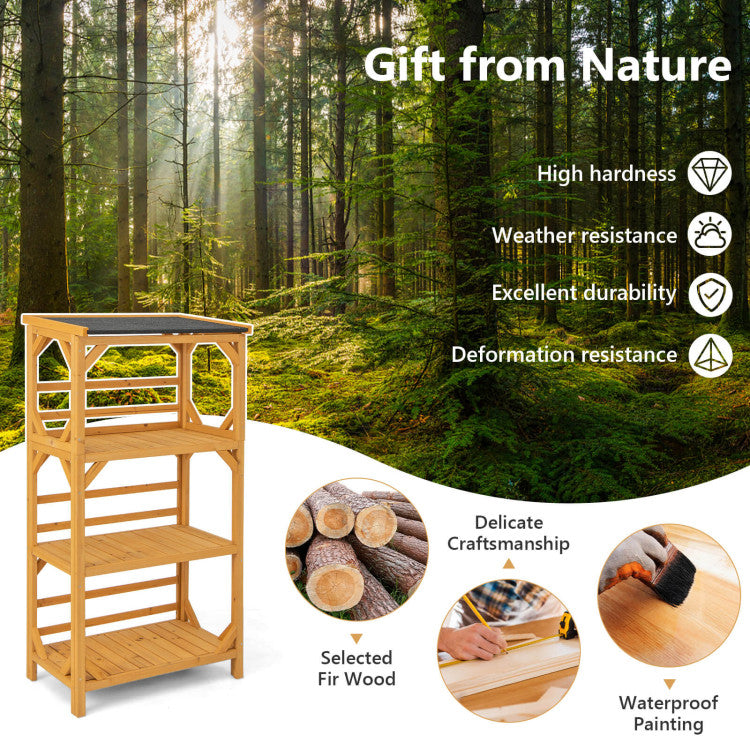 54'' Outdoor Storage Shelves 3-Tier Wooden Plant Stand Rack Garden Shed Utility Tool Organizer with Weatherproof Asphalt Roof