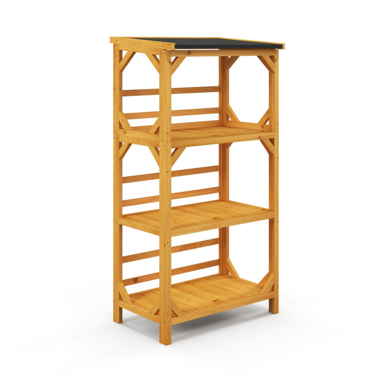 54'' Outdoor Storage Shelves 3-Tier Wooden Plant Stand Rack Garden Shed Utility Tool Organizer with Weatherproof Asphalt Roof