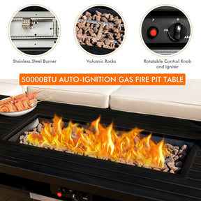 57 Inches Outdoor Propane Fire Pit Table 50000 BTU Rectangular Auto-Ignition Gas Fire Table with Lava Rocks Lid