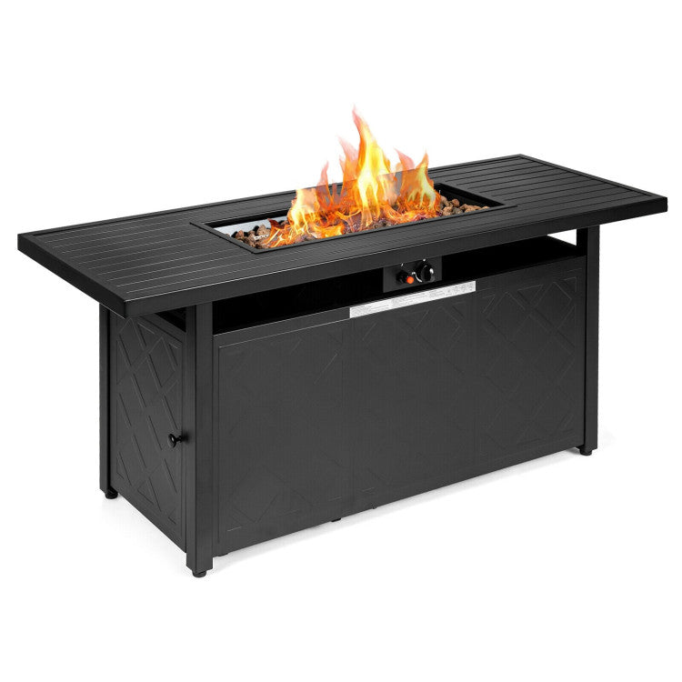 57 Inches Outdoor Propane Fire Pit Table 50000 BTU Rectangular Auto-Ignition Gas Fire Table with Lava Rocks Lid