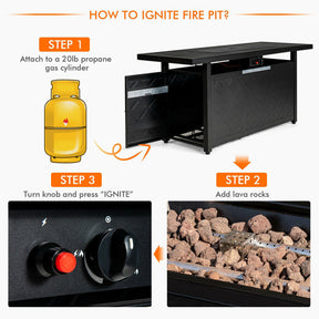 57 Inches Outdoor Propane Fire Pit Table 50000 BTU Rectangular Auto-Ignition Gas Fire Table with Lava Rocks Lid