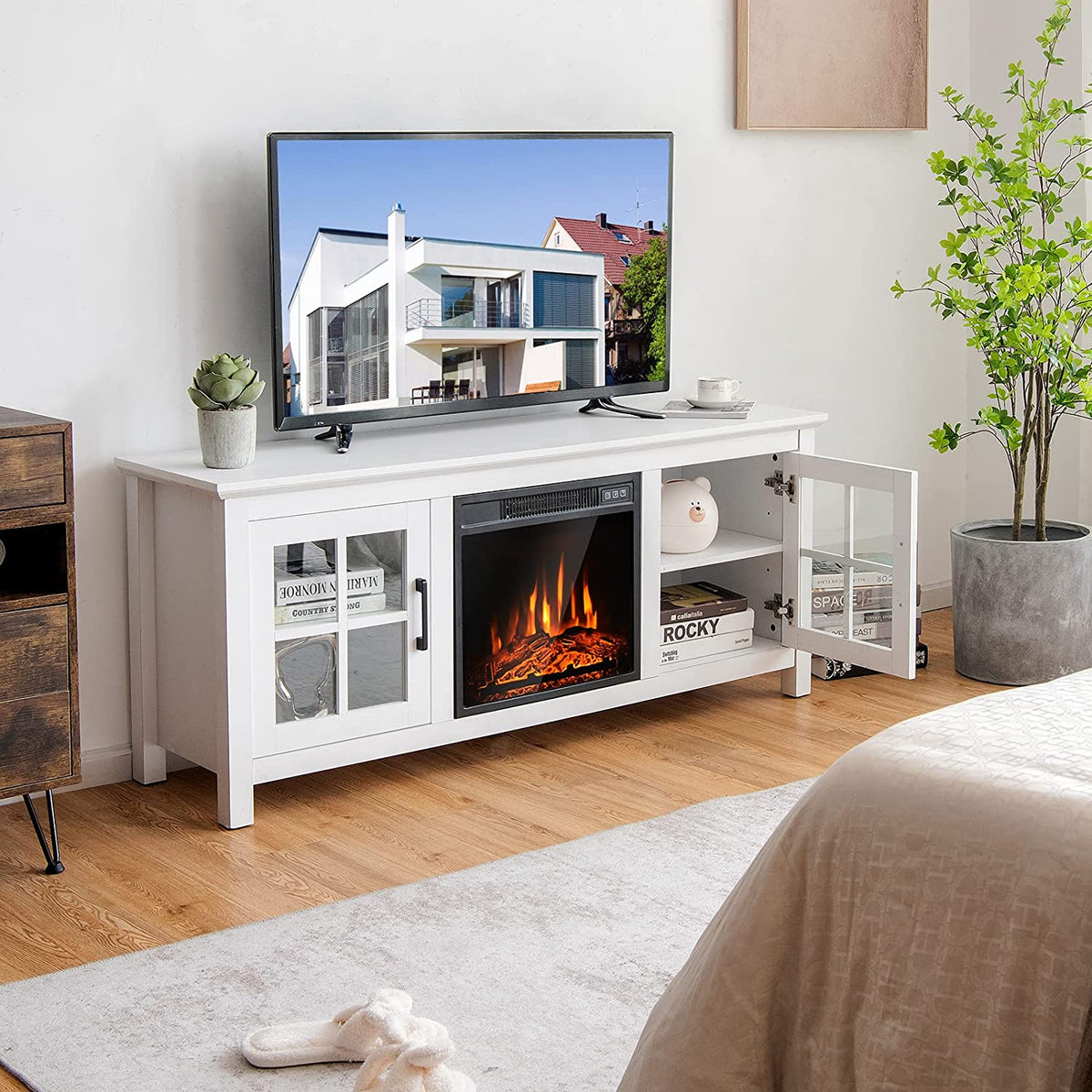 58 Inches Fireplace TV Stand Console Table with Remote Control and Adjustable Shelves for TVs up to 65 Inches