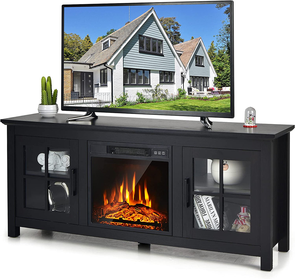58 Inches Fireplace TV Stand Console Table with Remote Control and Adjustable Shelves for TVs up to 65 Inches