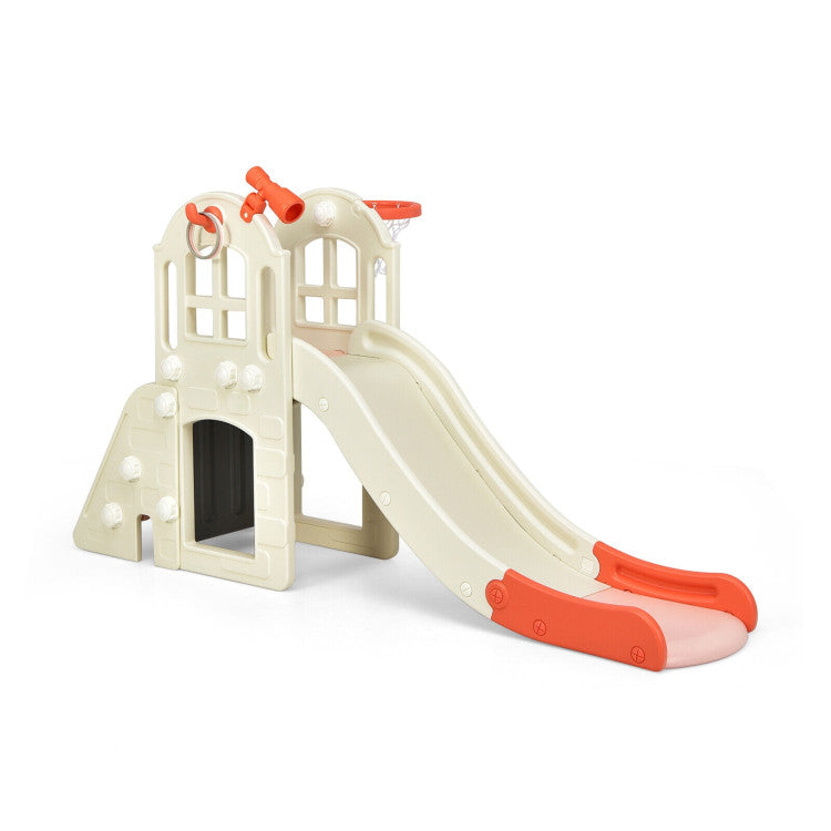 6-In-1 Freestanding Kids Large Slide Toddler Climber Slide Playset with Basketball Hoop Ring Toss