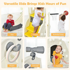 6-In-1 Freestanding Kids Large Slide Toddler Climber Slide Playset with Basketball Hoop Ring Toss