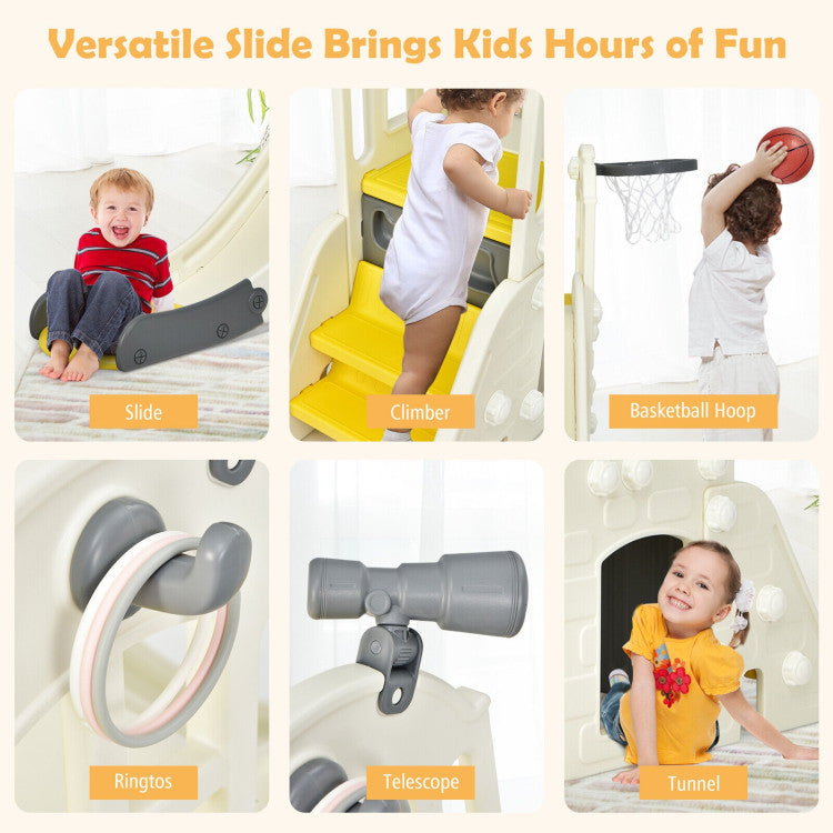 6-In-1 Freestanding Kids Large Slide Toddler Climber Slide Playset with Basketball Hoop Ring Toss