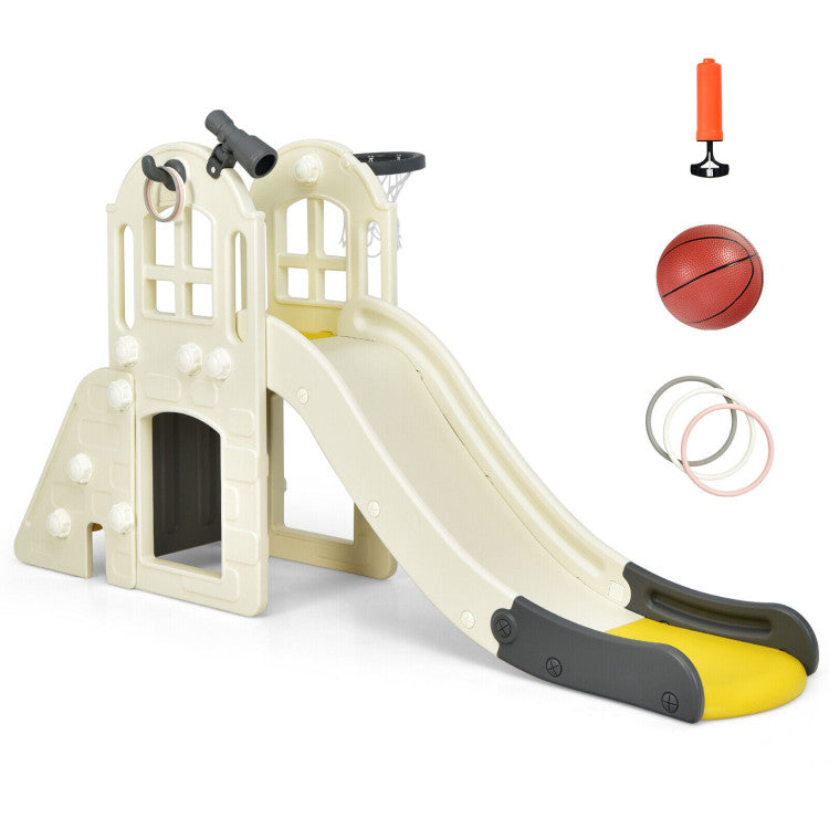 6-In-1 Freestanding Kids Large Slide Toddler Climber Slide Playset with Basketball Hoop Ring Toss
