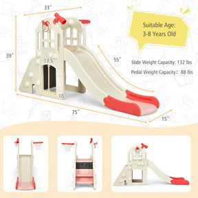 6-In-1 Freestanding Kids Large Slide Toddler Climber Slide Playset with Basketball Hoop Ring Toss