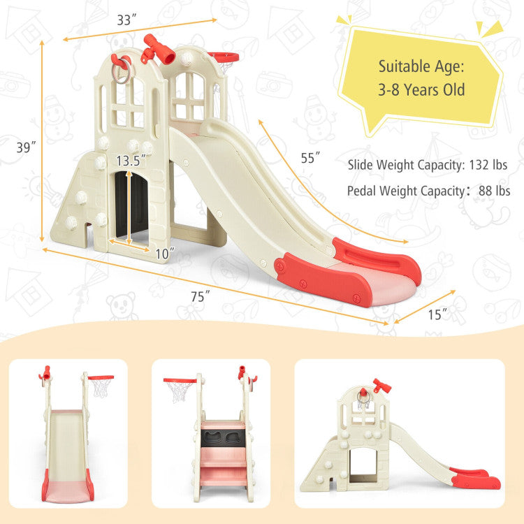 6-In-1 Freestanding Kids Large Slide Toddler Climber Slide Playset with Basketball Hoop Ring Toss