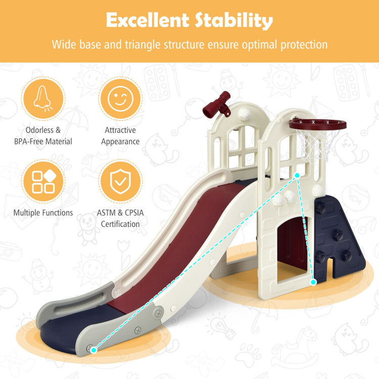 6-In-1 Freestanding Kids Large Slide Toddler Climber Slide Playset with Basketball Hoop Ring Toss