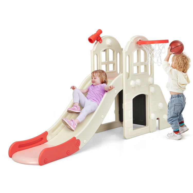 6-In-1 Freestanding Kids Large Slide Toddler Climber Slide Playset with Basketball Hoop Ring Toss