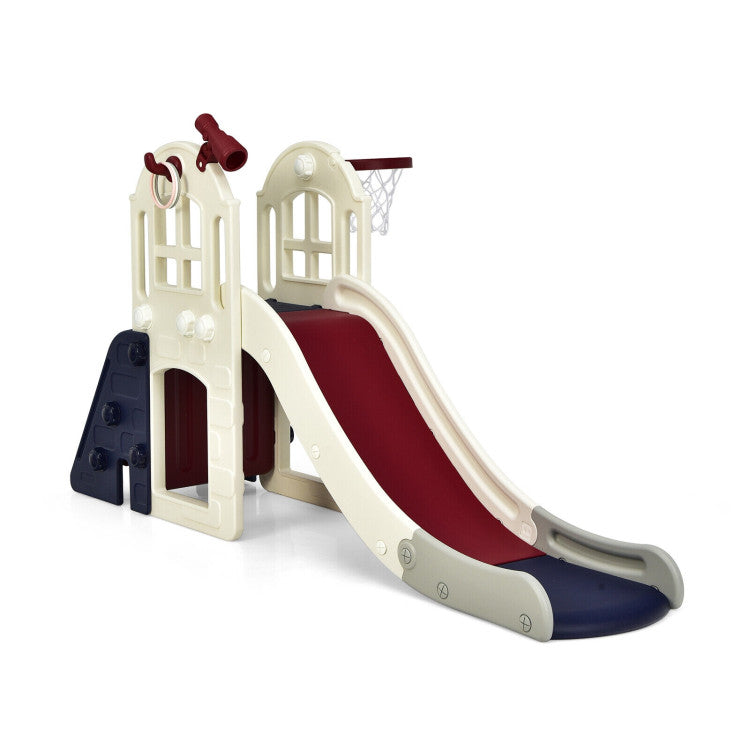 6-In-1 Freestanding Kids Large Slide Toddler Climber Slide Playset with Basketball Hoop Ring Toss