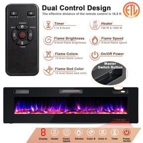 68 Inch Ultra-Thin Electric Fireplace Recessed and Wall Mounted Linear Heater with Timer and Remote Control
