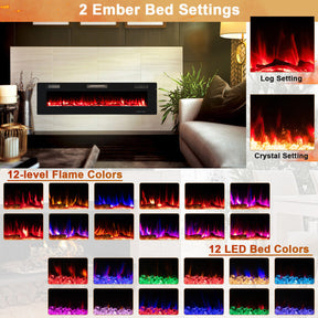 68 Inch Ultra-Thin Electric Fireplace Recessed and Wall Mounted Linear Heater with Timer and Remote Control