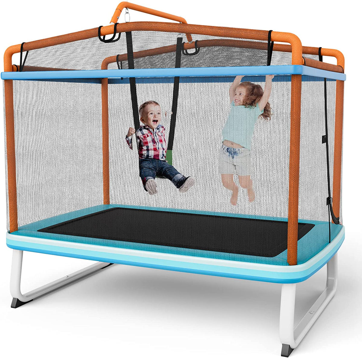 6FT Kids Trampoline 3-in-1 Mini Toddler Rectangle Trampoline with Enclosure Safety Net Seamless Spring Cover