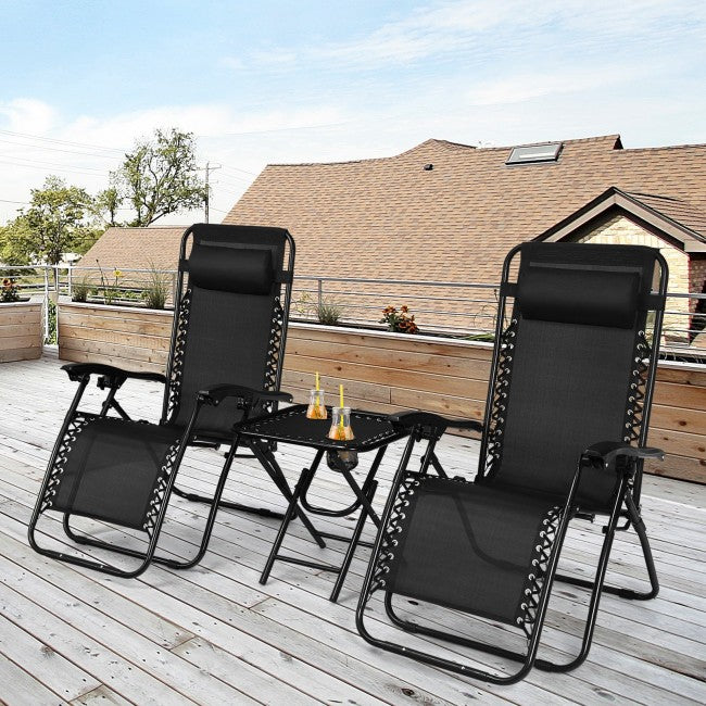 3 Pieces Folding Portable Zero Gravity Reclining Lounge Chairs Table Set