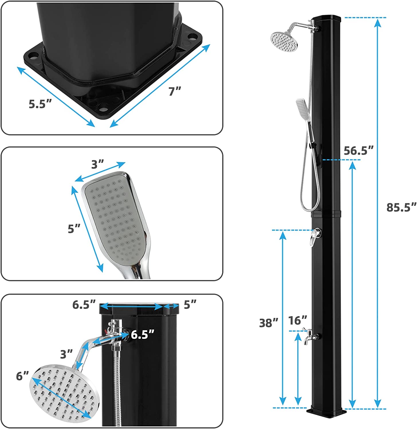 7.2Feet Outdoor Solar Heated Shower 9.3 Gallon 2-Section Pool Shower with Handheld Shower Head Foot Tap Spigot
