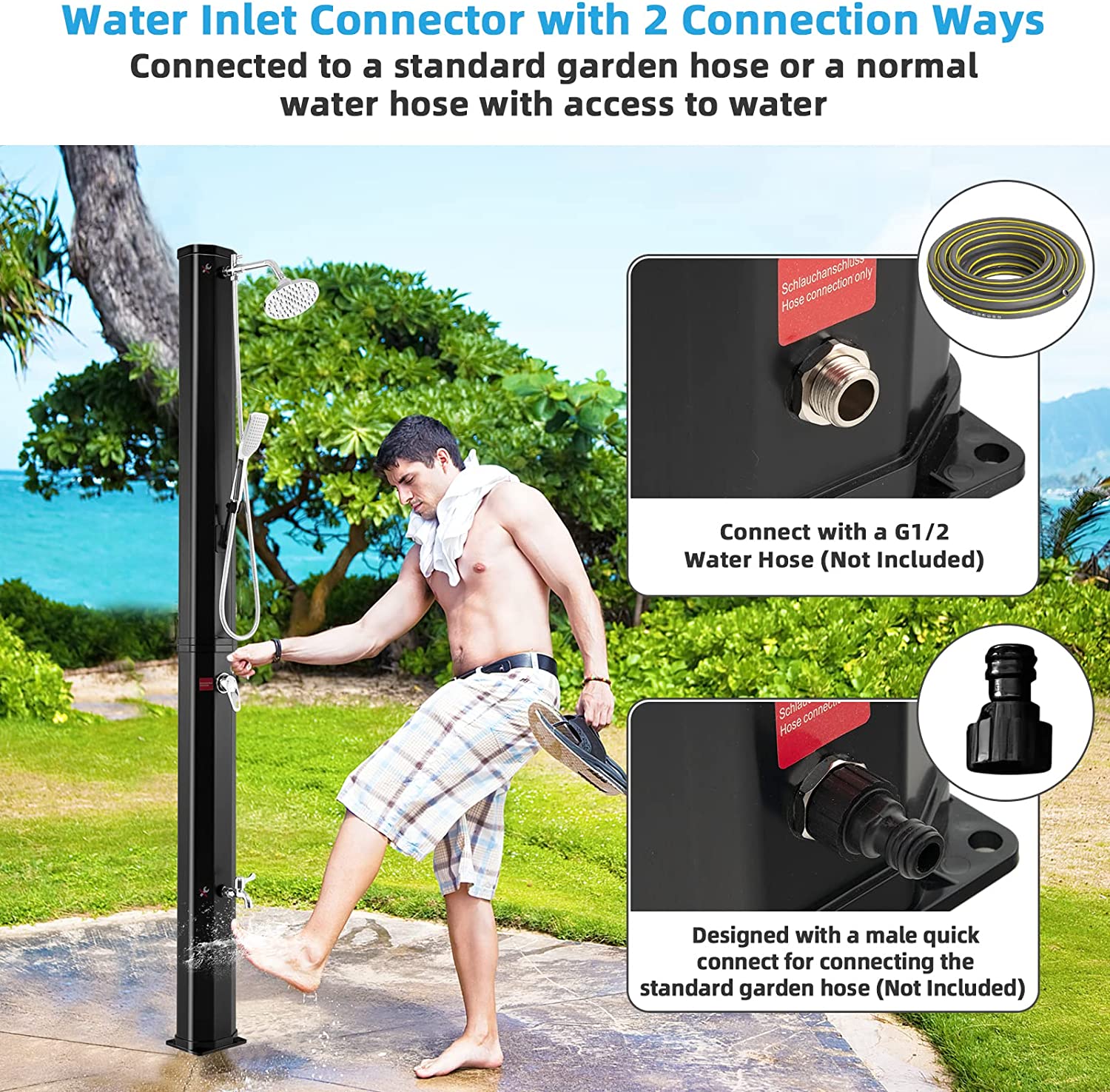 7.2Feet Outdoor Solar Heated Shower 9.3 Gallon 2-Section Pool Shower with Handheld Shower Head Foot Tap Spigot