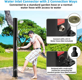 7.2Feet Outdoor Solar Heated Shower 9.3 Gallon 2-Section Pool Shower with Handheld Shower Head Foot Tap Spigot