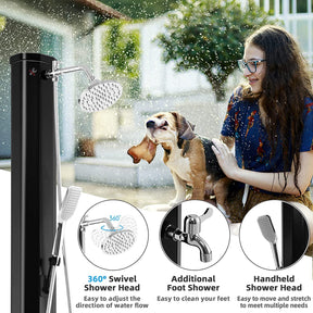7.2Feet Outdoor Solar Heated Shower 9.3 Gallon 2-Section Pool Shower with Handheld Shower Head Foot Tap Spigot