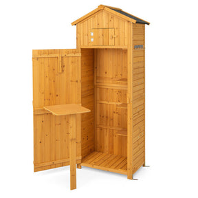 71 Inch Garden Wooden Storage Cabinet Outdoor Weatherproof Tool Storage Shed with Lockable Doors and Foldable Table