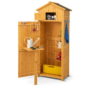 71 Inch Garden Wooden Storage Cabinet Outdoor Weatherproof Tool Storage Shed with Lockable Doors and Foldable Table