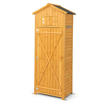 71 Inch Garden Wooden Storage Cabinet Outdoor Weatherproof Tool Storage Shed with Lockable Doors and Foldable Table