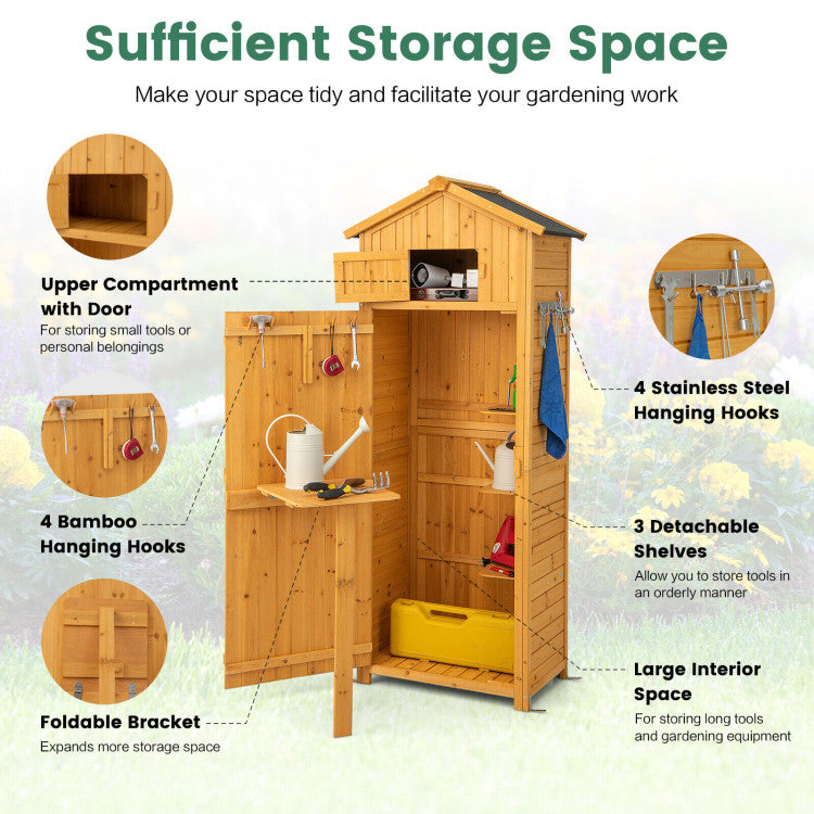 71 Inch Garden Wooden Storage Cabinet Outdoor Weatherproof Tool Storage Shed with Lockable Doors and Foldable Table