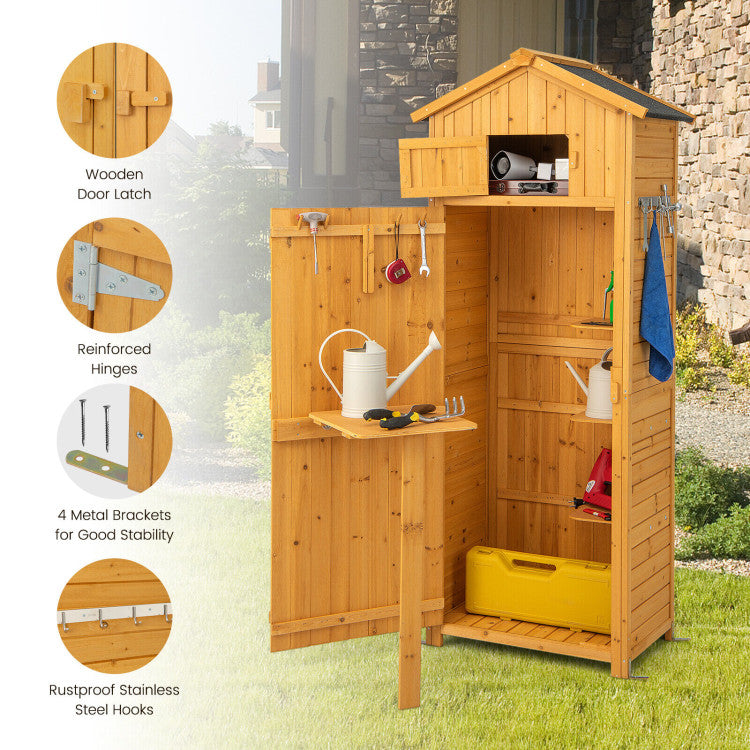71 Inch Garden Wooden Storage Cabinet Outdoor Weatherproof Tool Storage Shed with Lockable Doors and Foldable Table