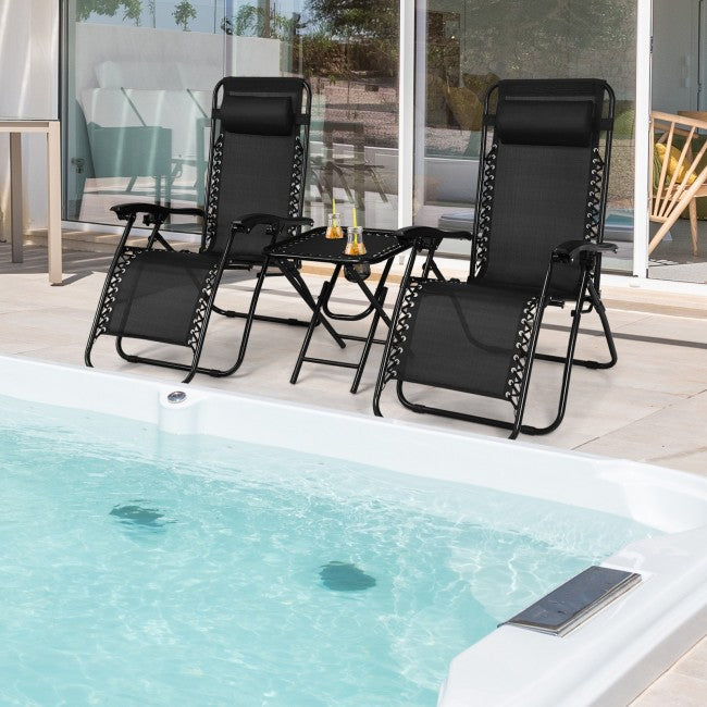 3 Pieces Folding Portable Zero Gravity Reclining Lounge Chairs Table Set