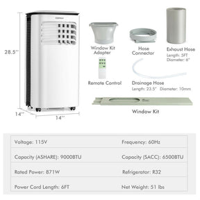 9000 BTU 3-in-1 Portable Air Conditioner AC Cooling Unit with Remote Control and LED Display