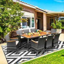 9 Pieces Patio Rattan Dining Set Garden Acacia Wood Furniture Set with 1 Rectangular Table and 8 Cushioned Chairs