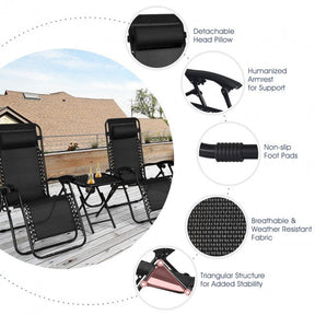 3 Pieces Folding Portable Zero Gravity Reclining Lounge Chairs Table Set