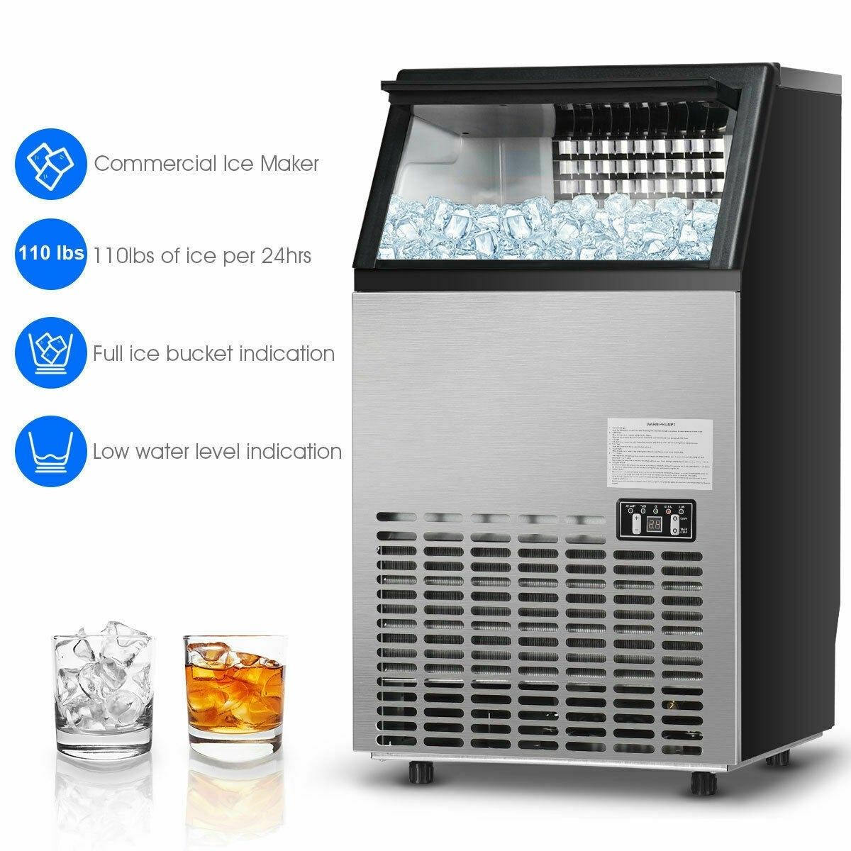 110LBS 24H Portable Built-In Stainless Steel Commercial Ice Maker Machine with Full Set of Accessories