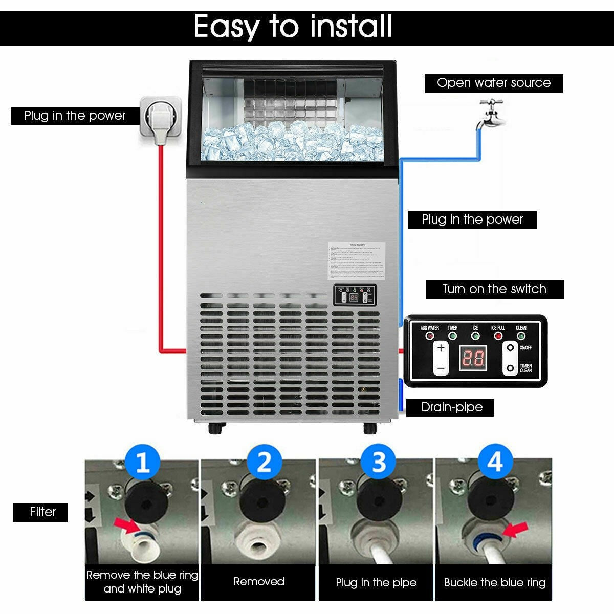 110LBS 24H Portable Built-In Stainless Steel Commercial Ice Maker Machine with Full Set of Accessories