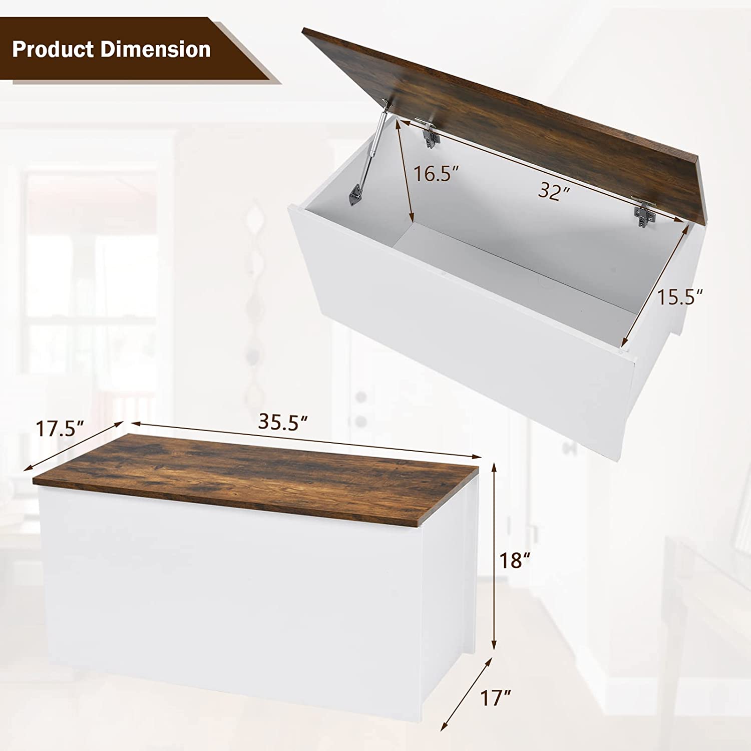 Flip-top Storage Chest Lift Top Porch Storage Bench 35.5” Deck Box with Safety Hinges Pneumatic Rod