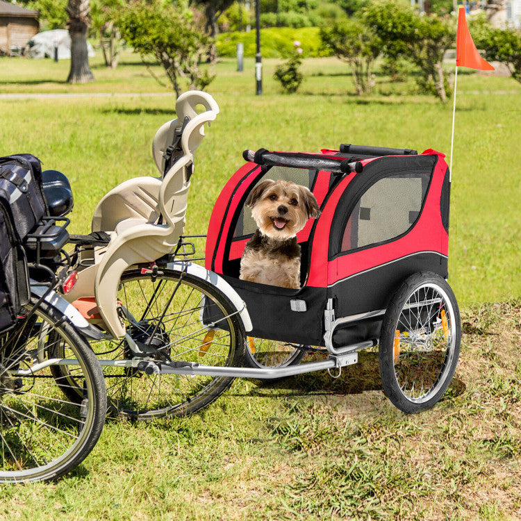 Foldable Dog Bike Trailer 2-in-1 Pet Cart with 3 Zipped Doors and 2 Mesh Windows