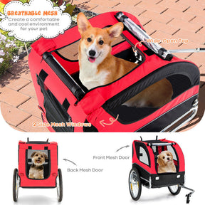 Foldable Dog Bike Trailer 2-in-1 Pet Cart with 3 Zipped Doors and 2 Mesh Windows