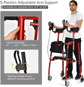Folding Upright Walker Heavy Duty Stand Up Rollator Walker with Storage Bag and Flip-Up Brakes