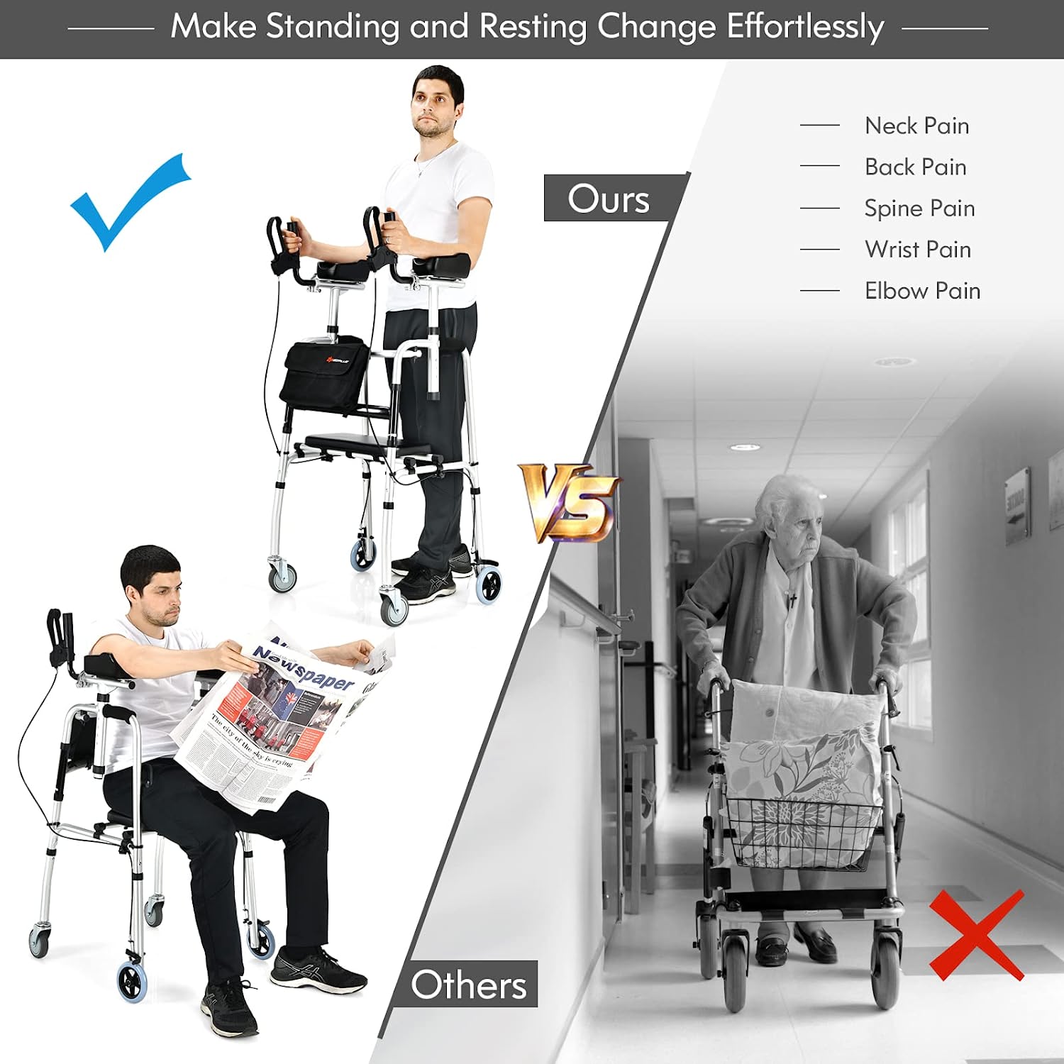 Folding Upright Walker Heavy Duty Stand Up Rollator Walker with Storage Bag and Flip-Up Brakes