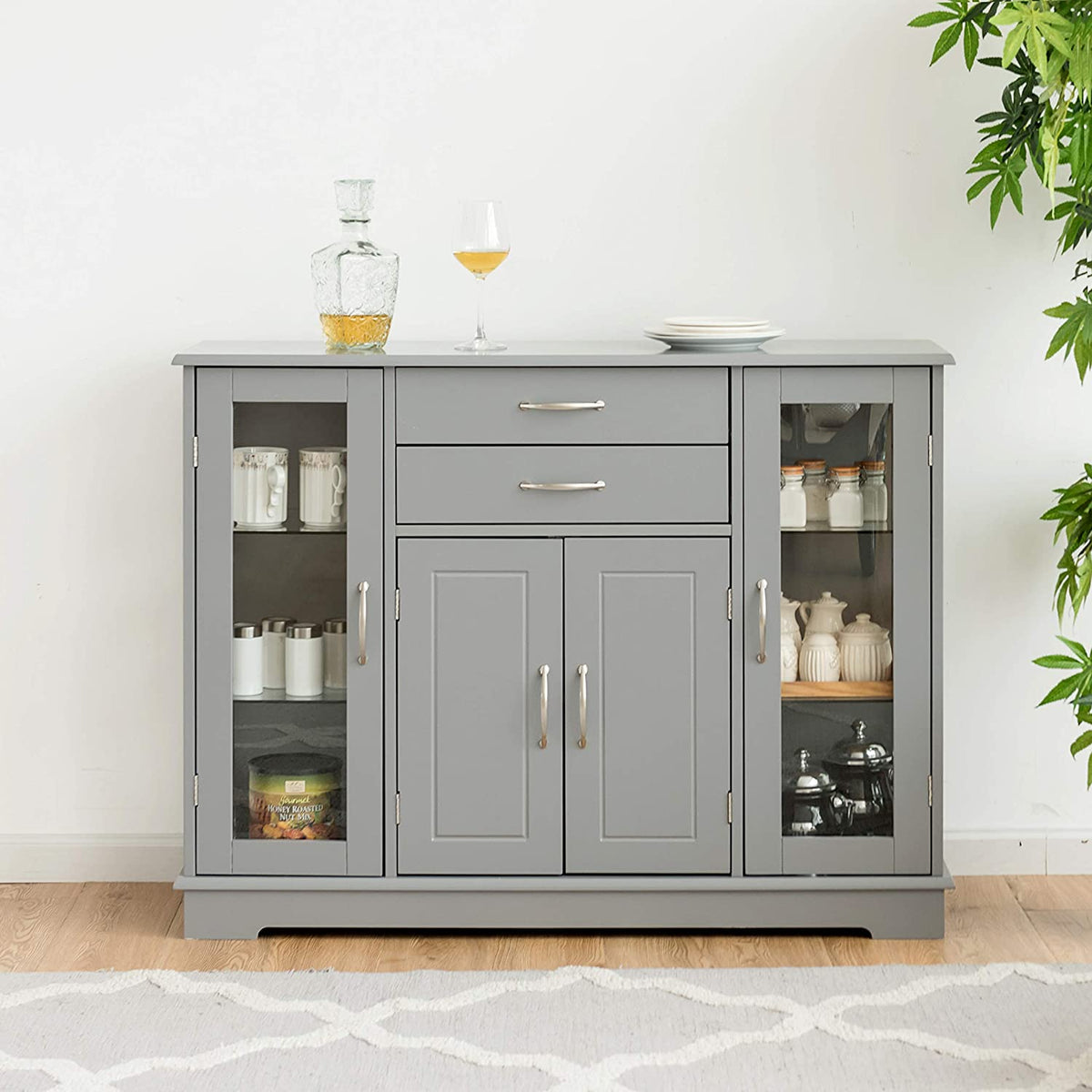 Kitchen Sideboard Buffet Server Side Storage Cabinet Dining Room Cupboard Console Table with 2 Drawers 3 Cabinets Glass Doors
