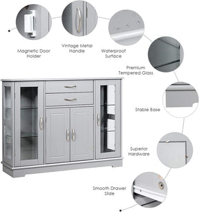 Kitchen Sideboard Buffet Server Side Storage Cabinet Dining Room Cupboard Console Table with 2 Drawers 3 Cabinets Glass Doors