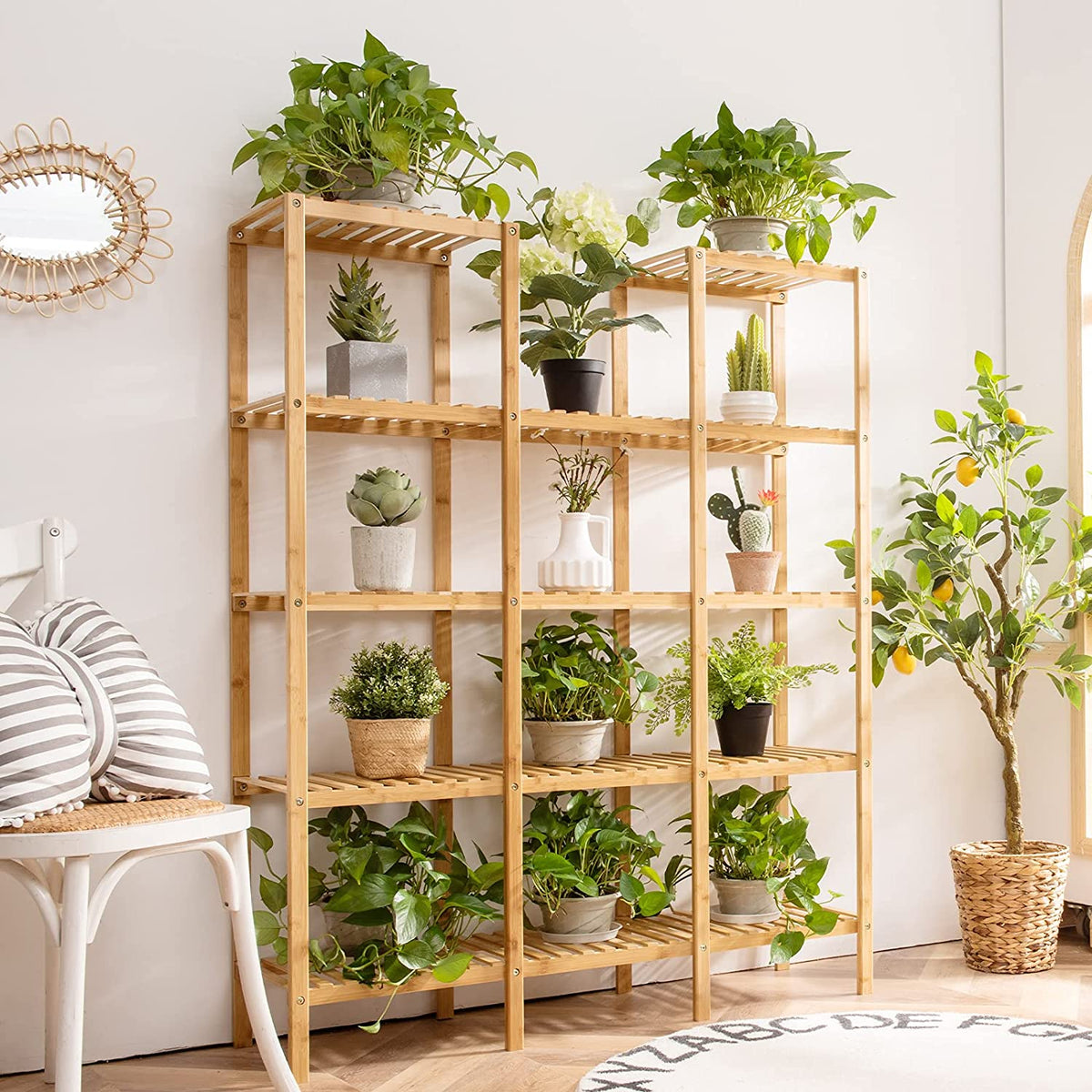 Multifunctional Plant Stand Indoor Bamboo Utility Shelf with 5-Tier Storage Organizer Rack Cube for Multiple Plants