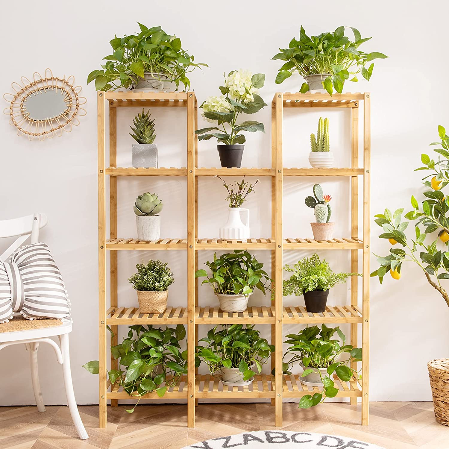 Multifunctional Plant Stand Indoor Bamboo Utility Shelf with 5-Tier Storage Organizer Rack Cube for Multiple Plants