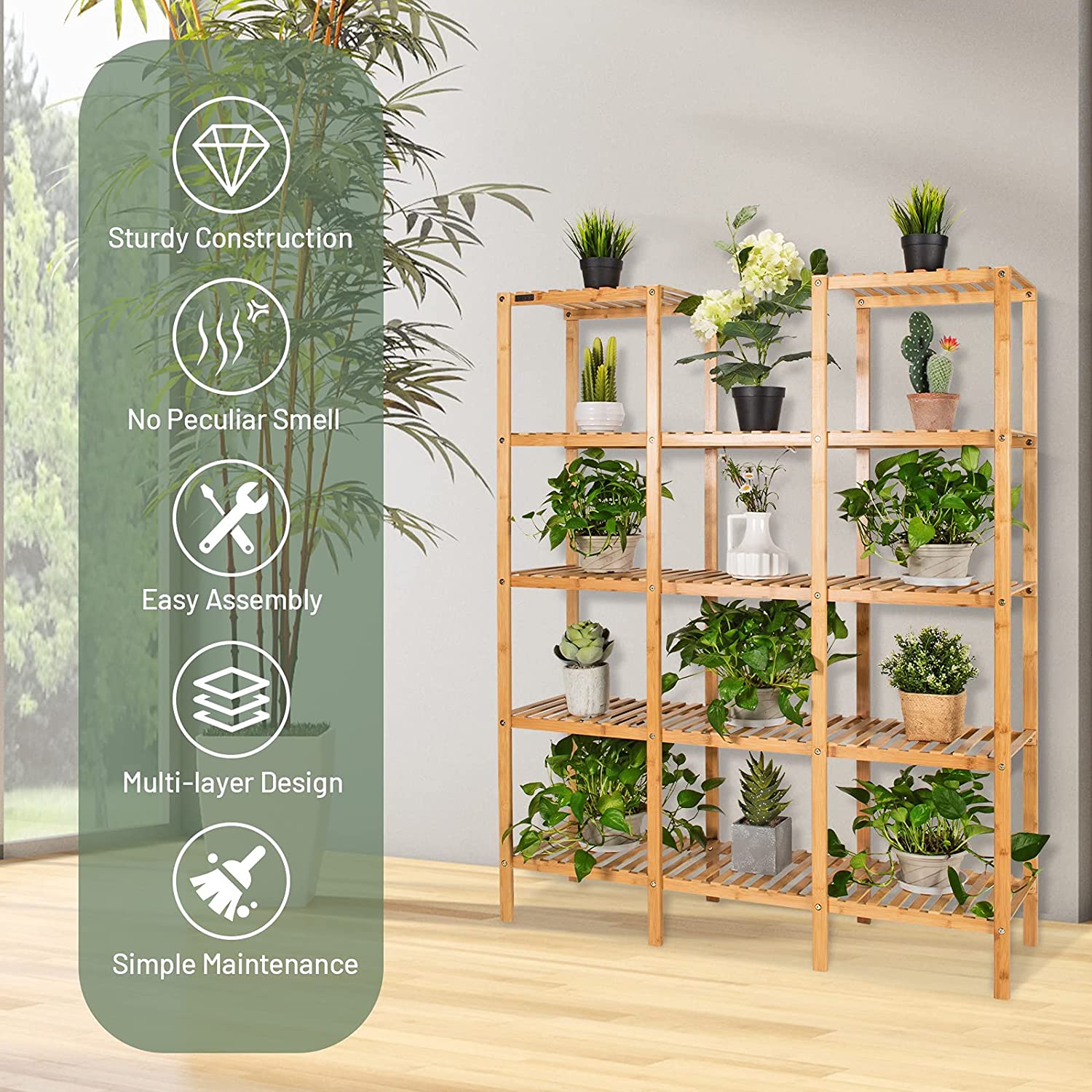 Multifunctional Plant Stand Indoor Bamboo Utility Shelf with 5-Tier Storage Organizer Rack Cube for Multiple Plants