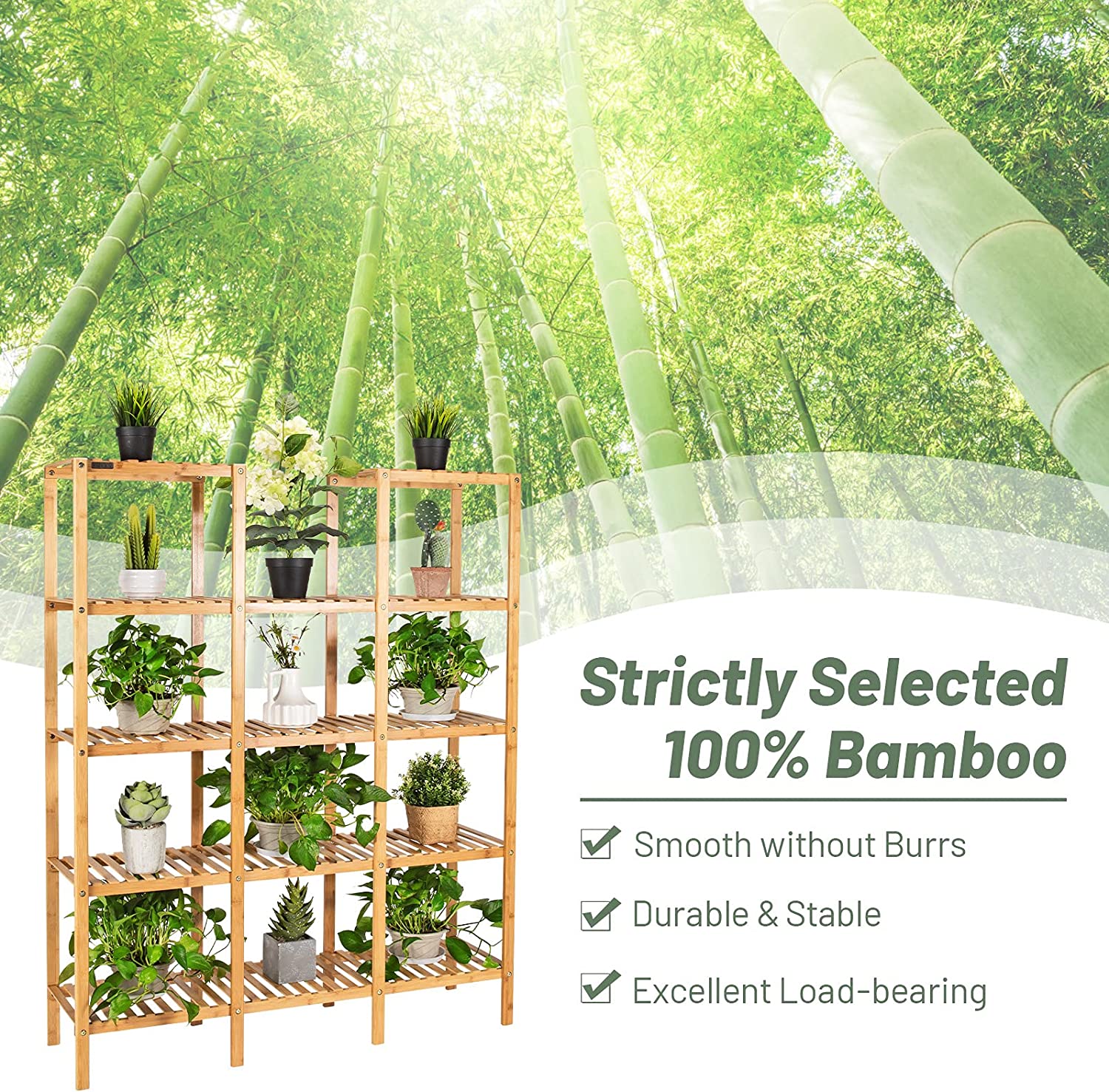Multifunctional Plant Stand Indoor Bamboo Utility Shelf with 5-Tier Storage Organizer Rack Cube for Multiple Plants